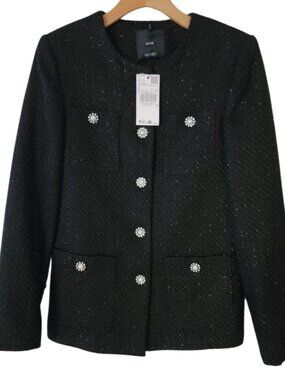 Mango (MNG) Black Metallic Tweed Blazer Jacket Size S Bling Buttons Classic NWT